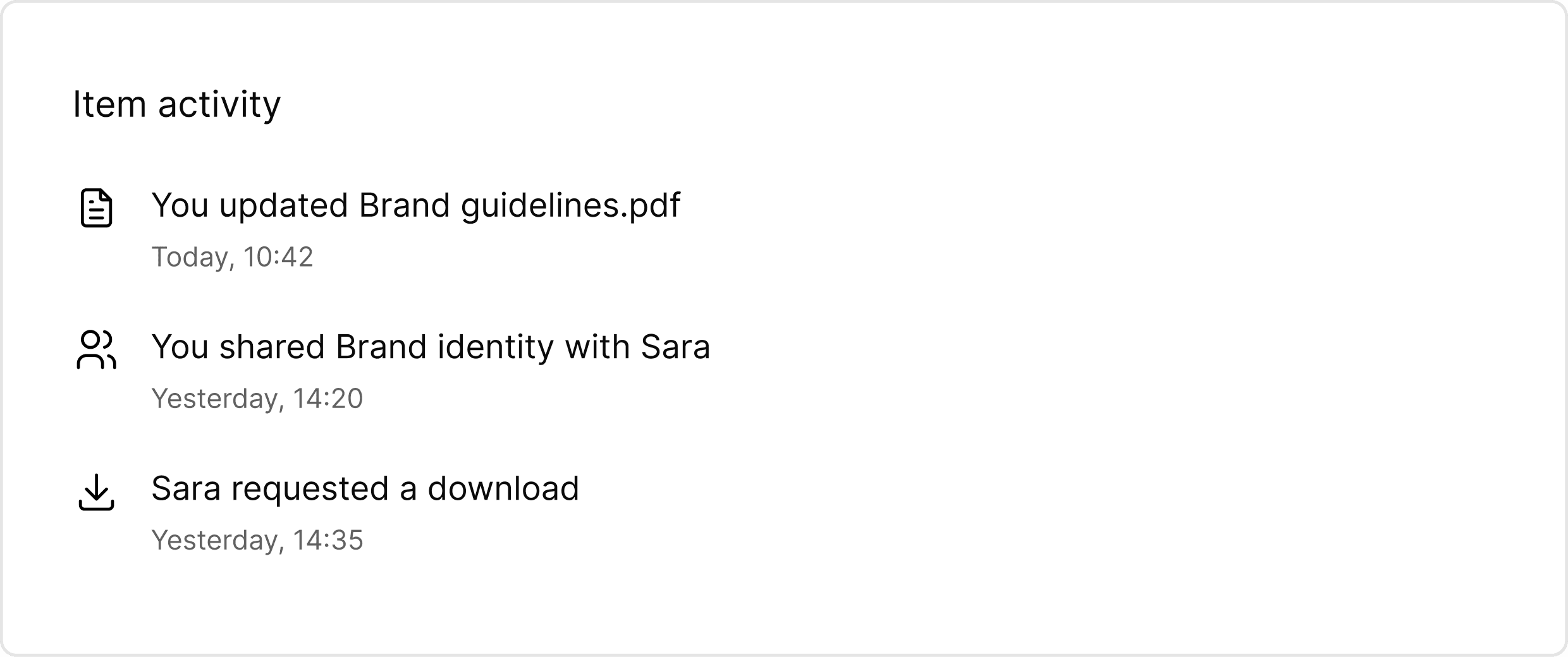 File activity history showing updates, sharing, and download requests