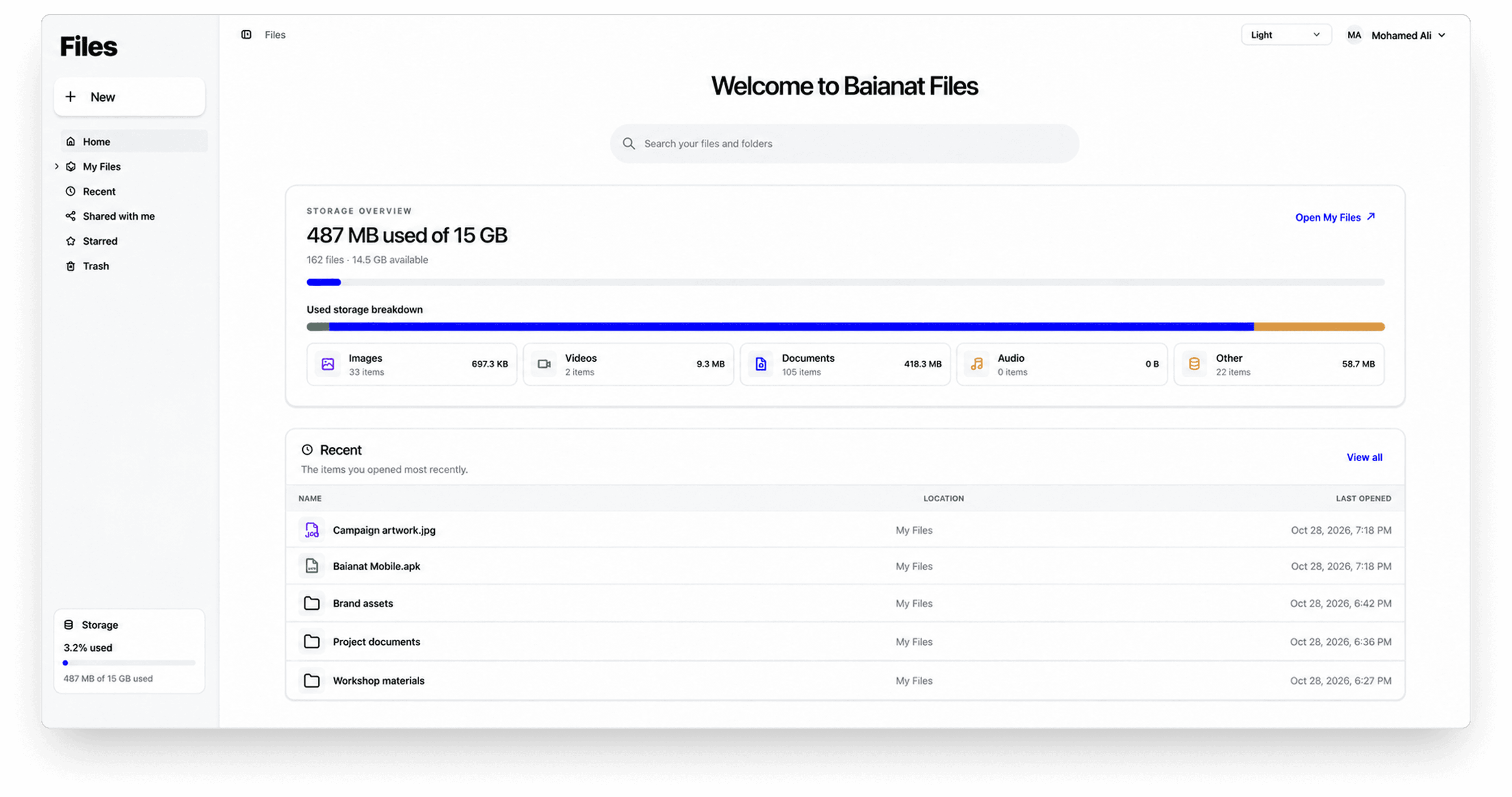 Preview of the Baianat Files workspace, showing storage usage and recently opened files