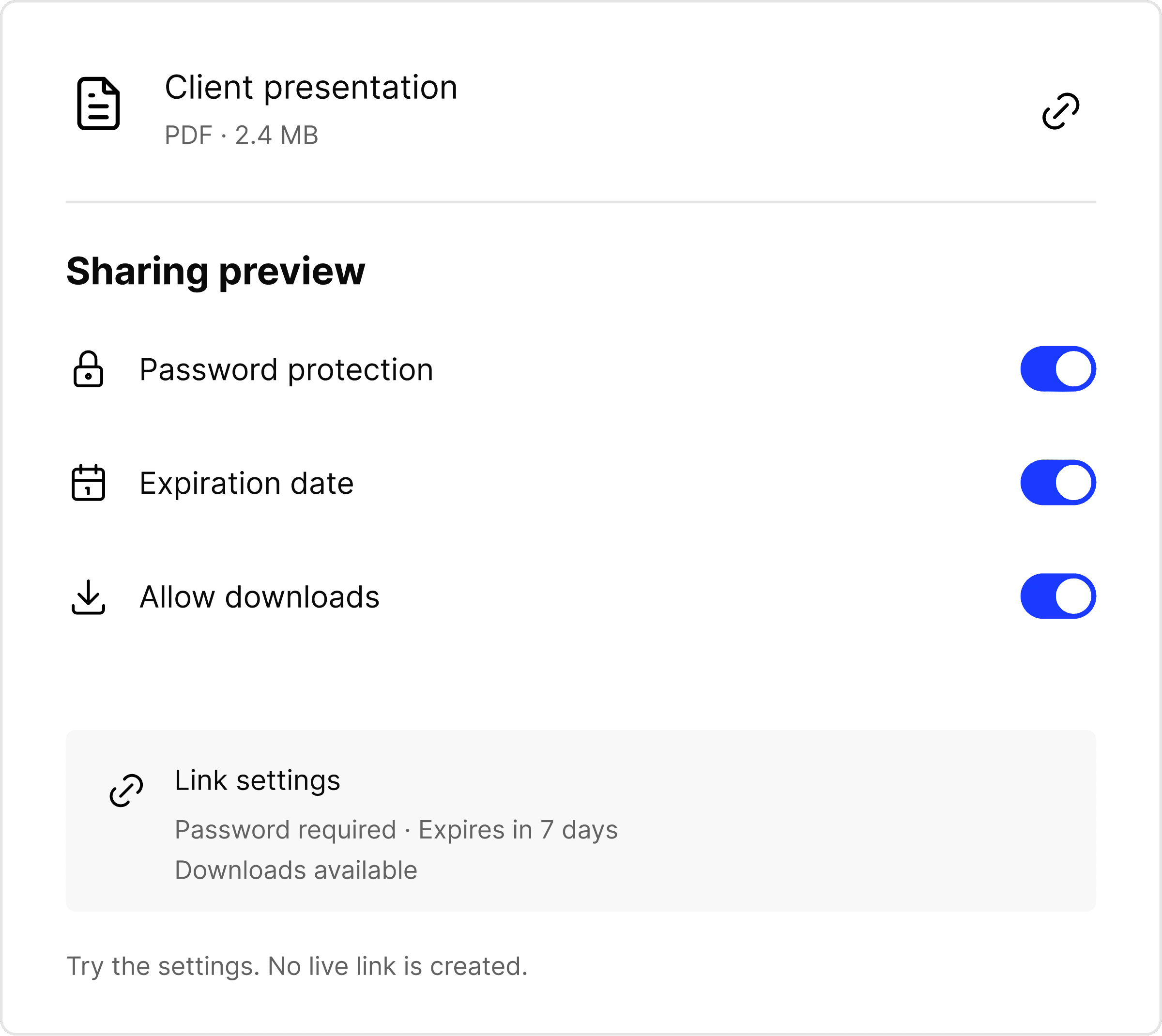 Share settings preview with password protection, an expiration date, and download controls